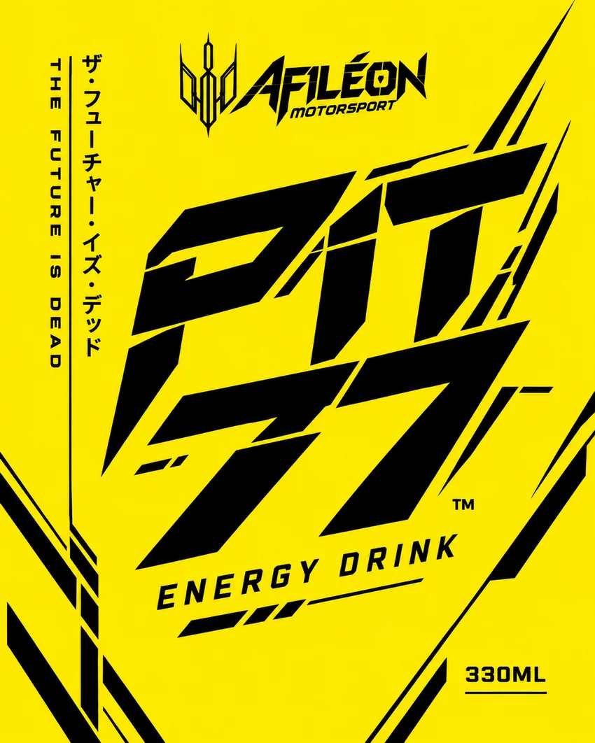 PIT 77 Energy Drink — bold black angular PIT 77 lettering on bright yellow, with the Afiléon Motorsport logo