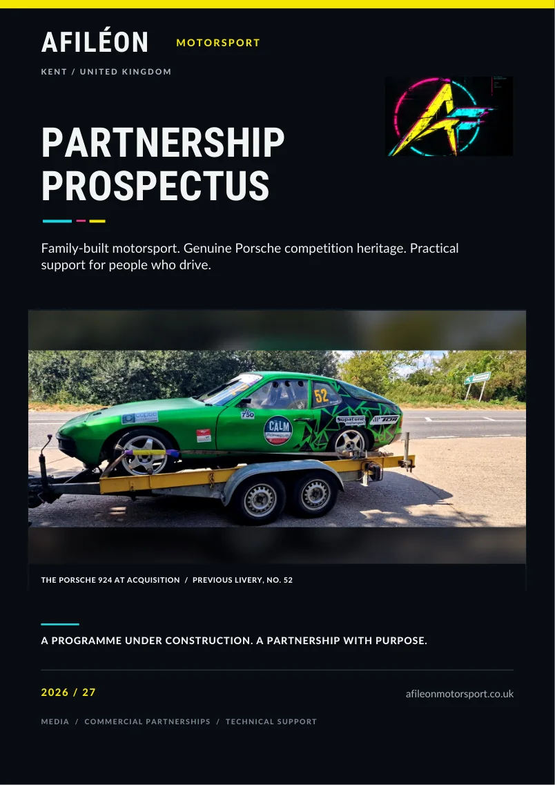 Front cover of the Afiléon Motorsport 2026/27 Partnership Prospectus, showing the real Porsche 924 at acquisition